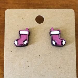 Pink White Stockings Stud Earrings - Hand Painted Wood, Hypoallergenic